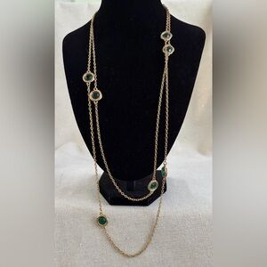 Gold Long Layered Necklace with Green Gem Accents